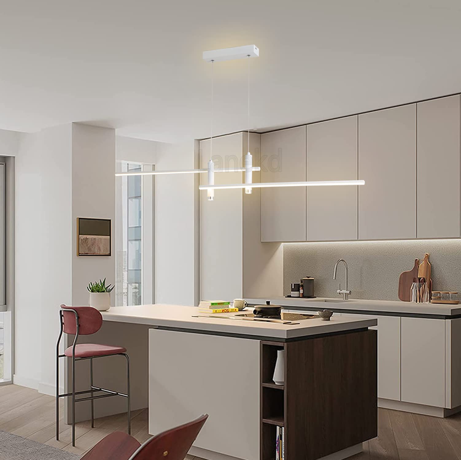 Moderna Lampada a Sospensione LED Lampadario Dimmerabile Tavolo da Pranzo Cucina Salotto con Telecomando Plafoniera Altezza Regolabile Sala da Pranzo Camera da Letto Ufficio Soggiorno (Bianco, L120cm)