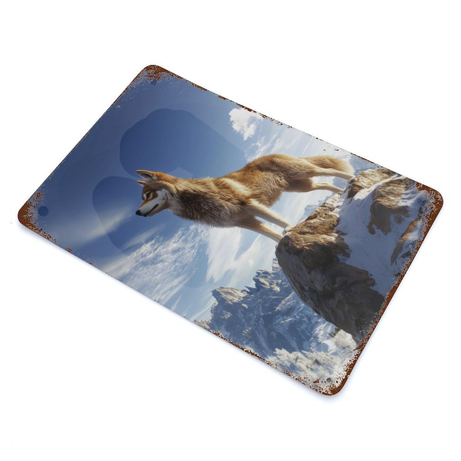 Wolf on Mountain Peak Rustic Tin Plaque 11.8"x7.9", Farmhouse Wall Decor for Shed, Workshop And Garage Wall Decor