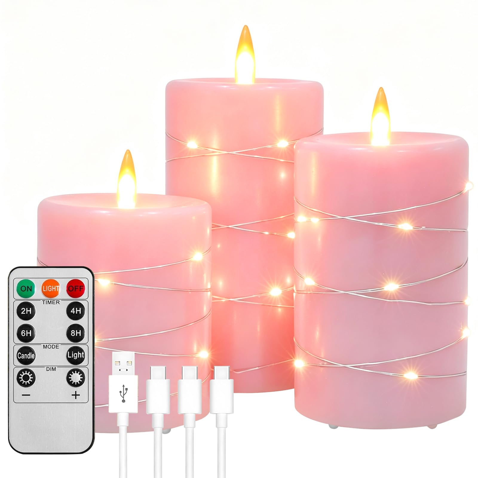 PinnWaa Rechargeable LED Candles, 3 Pack, Real Wax, Remote Timer, Pink
