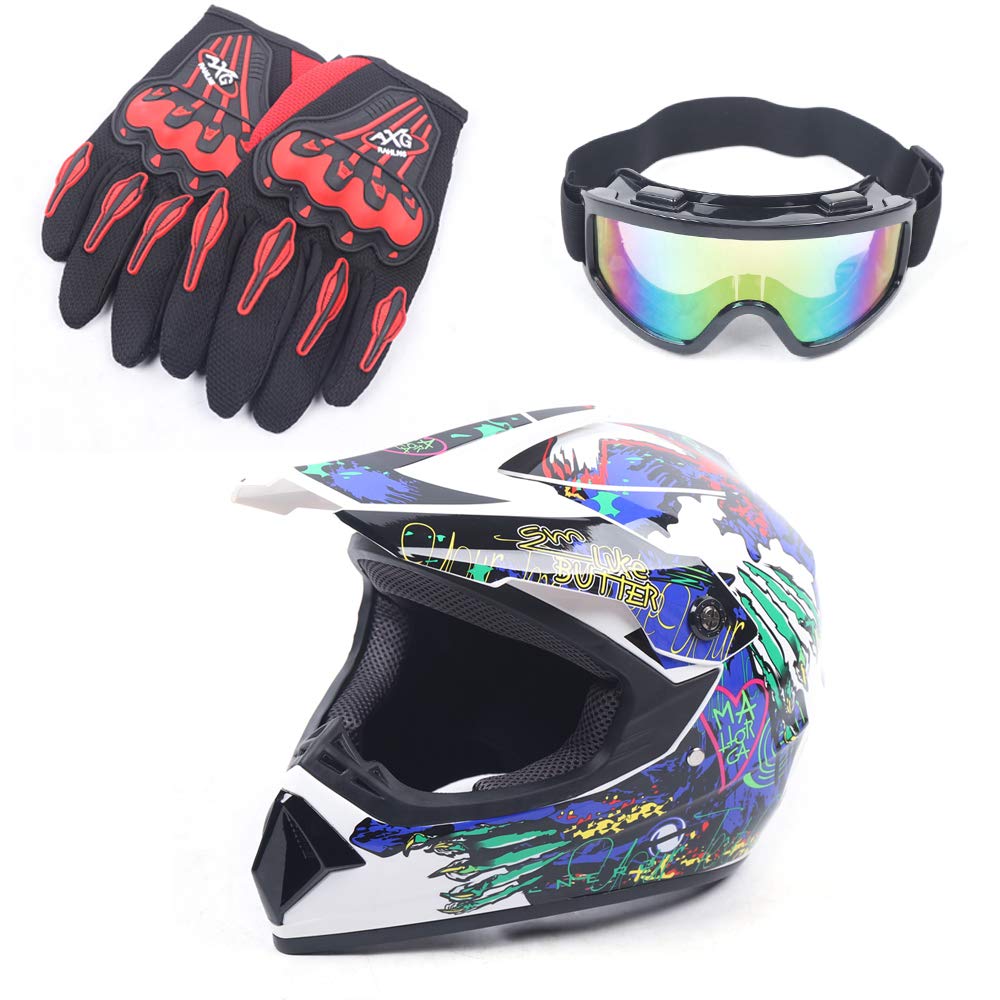 Youth Kids Offroad Gear Combo Helmet Gloves Goggles DOT Motocross Off-Road Racing ATV Dirt Bike Protector (#2, L)