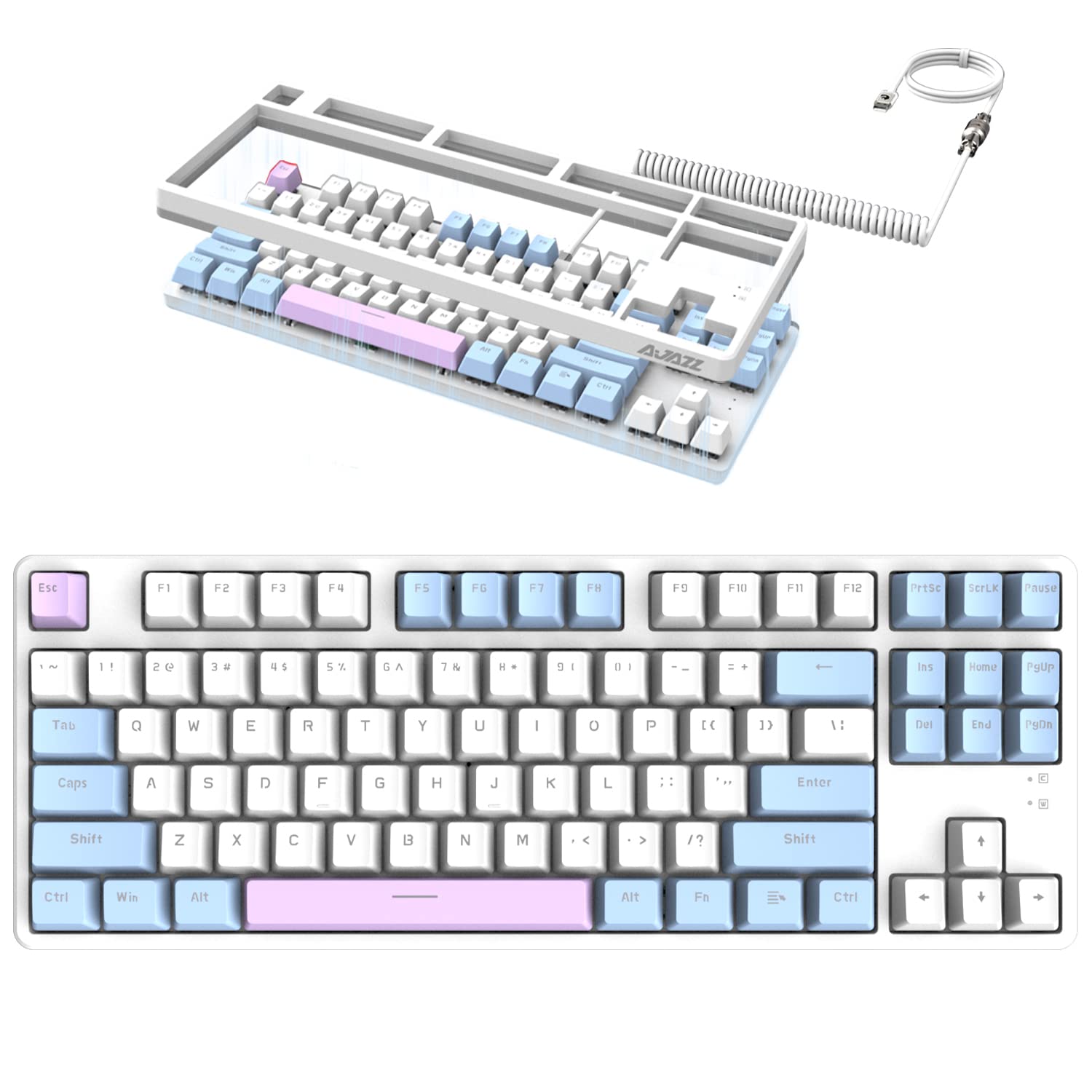 MAMBASNAKE AK873 Tastiera meccanica cablata fai-da-te, cavo a spirale, 22 tasti retroilluminati RGB, copritasti flottanti PBT, tastiera 87% con copertura magnetica staccabile, tastiera macro per gamer