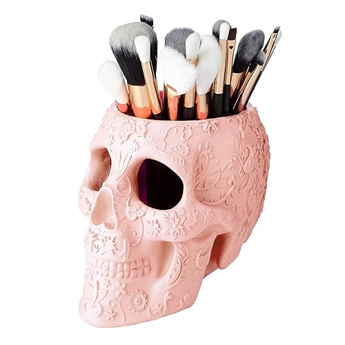 Skull Makeup Brush Holder, Pen Holder, Vanity, Desk, Office Organizer, Stationary, Decor Planter, Candy Bowl, Goth Decorations, Extra Large, Skulls Gothic Skull & Bones Organizer Bathroom (Cloud Pink) - Pink