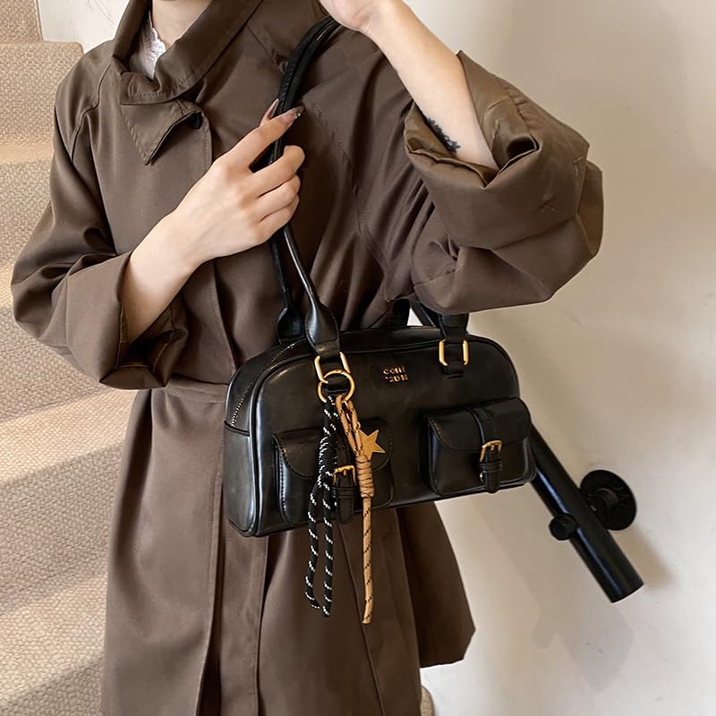 Women PU Leather Shoulder Bag Vintage Style Retro Top Handle Bag Leisure Double Front Pocket Handbag for Shopping Travel3