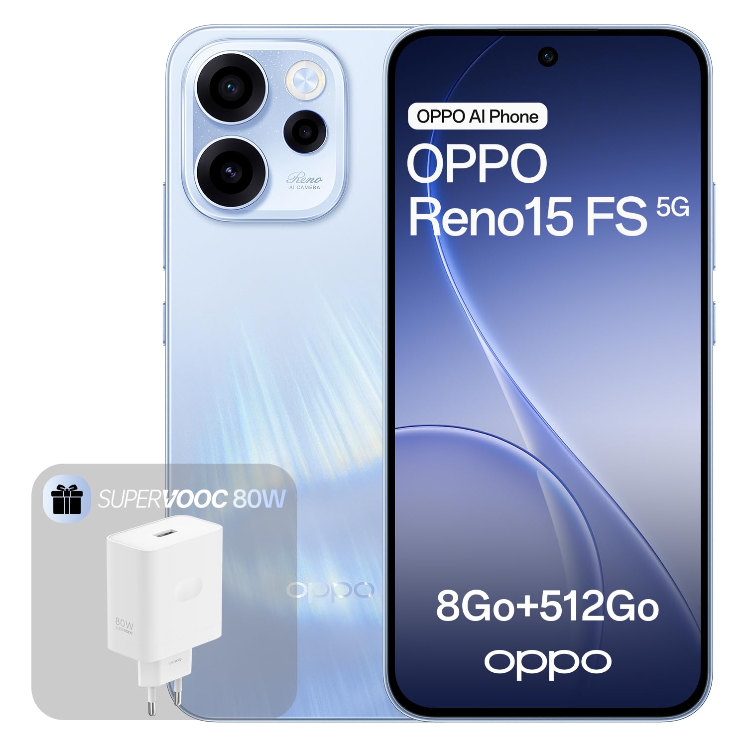 OPPO Reno15 FS 5G Téléphone Débloqué, 8+512Go, Appareil Photo Ultra Grand Angle 50MP FOV 100°, Écran 6.57" 120Hz, AI Portrait Glow, Batterie 6500mAh, IP69, Aurora Blue (Chargeur 80W SUPERVOOC Inclus)