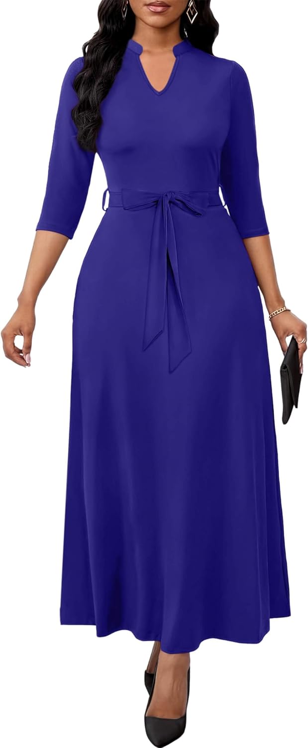 FANDEE Maxi Dress for Women, Casual V Neck 3/4 Sleeve Long Dresses with Pockets