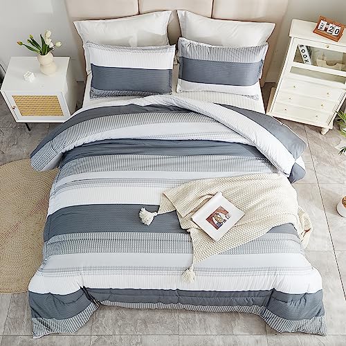 Litanika Twin/Twin XL Comforter Set Dorm Bedding Grey, 2 Pieces Twin Extra Long Comforter & Sets Light Gray White Colorblock Stripe, All Season Bed Set