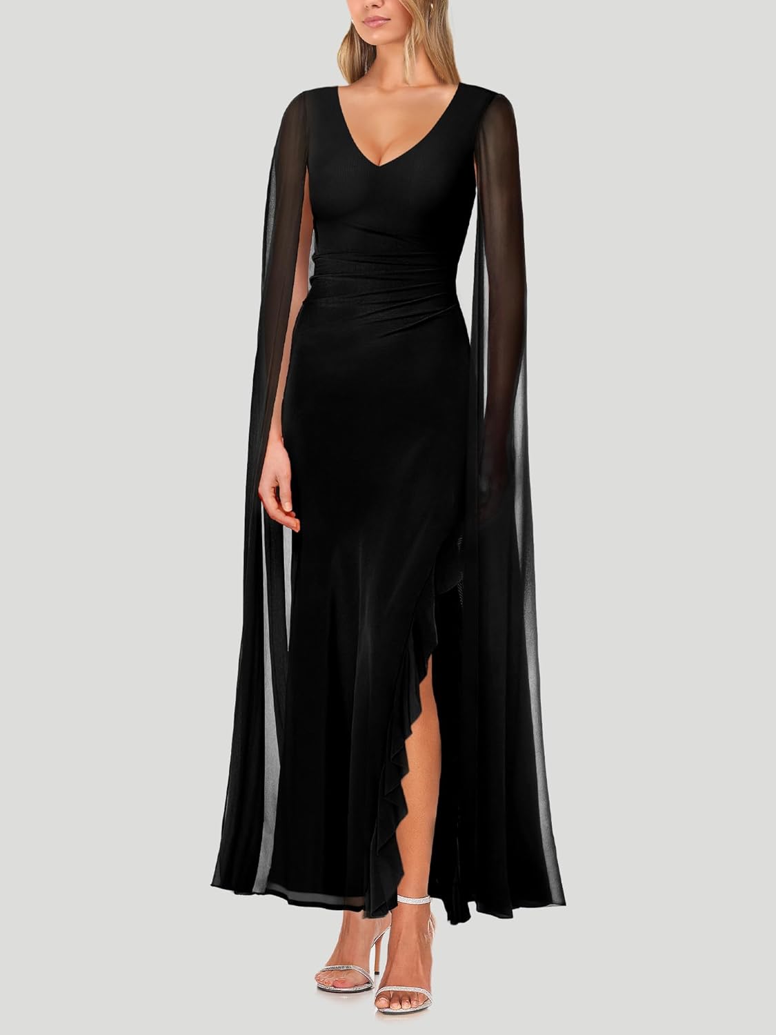 Lrady Women's Evening Gowns V Neck High Split Wedding Guest Cocktail Formal Party Maxi Dresses with Cape Sleeve - Image 4
