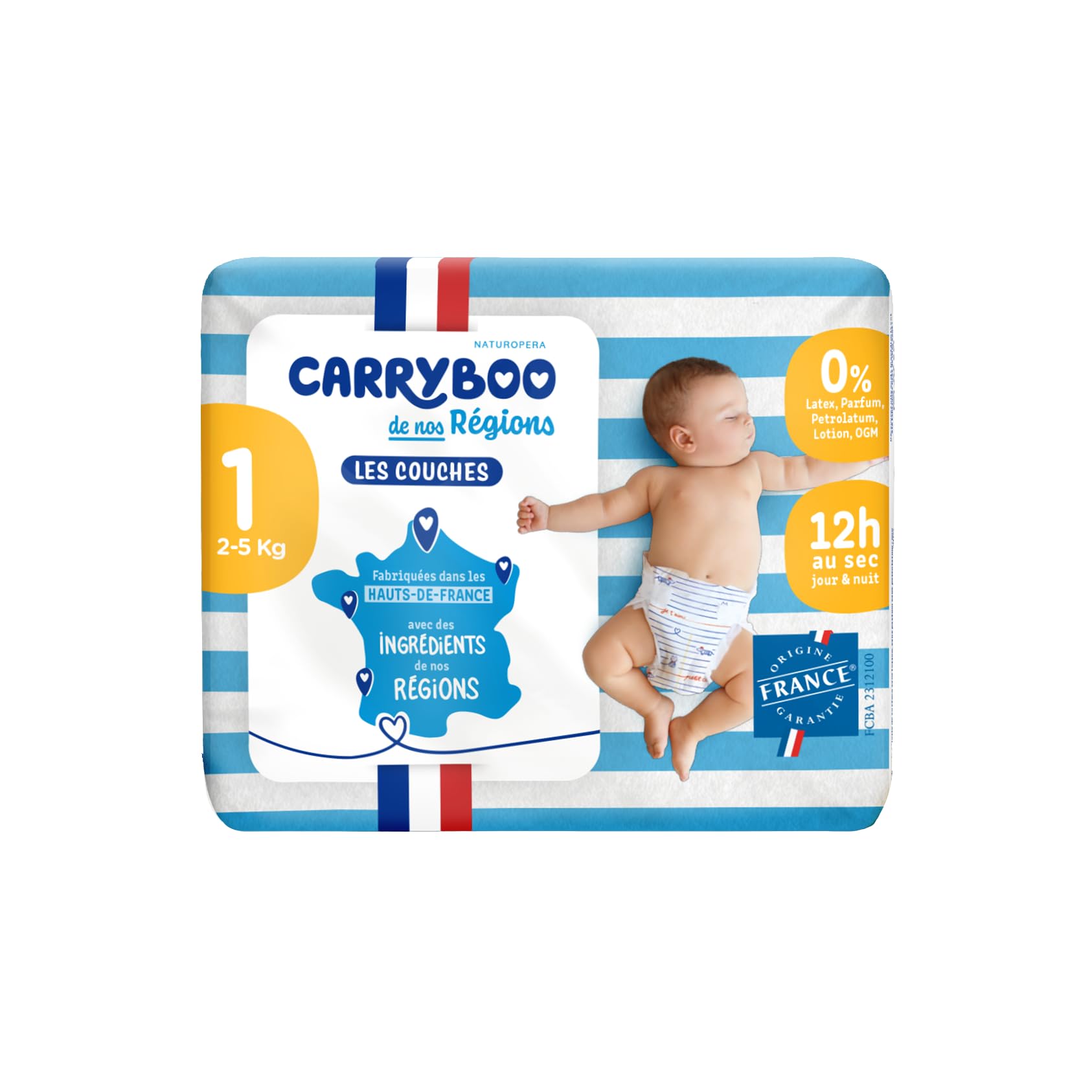 CARRYBOO - Couches Taille 1 (2-5kg) - Saines et Ultra Absorbantes - 12h Anti Fuites - Sans substances indésirables - Fabriquées en France - Pack naissance de 24 couches