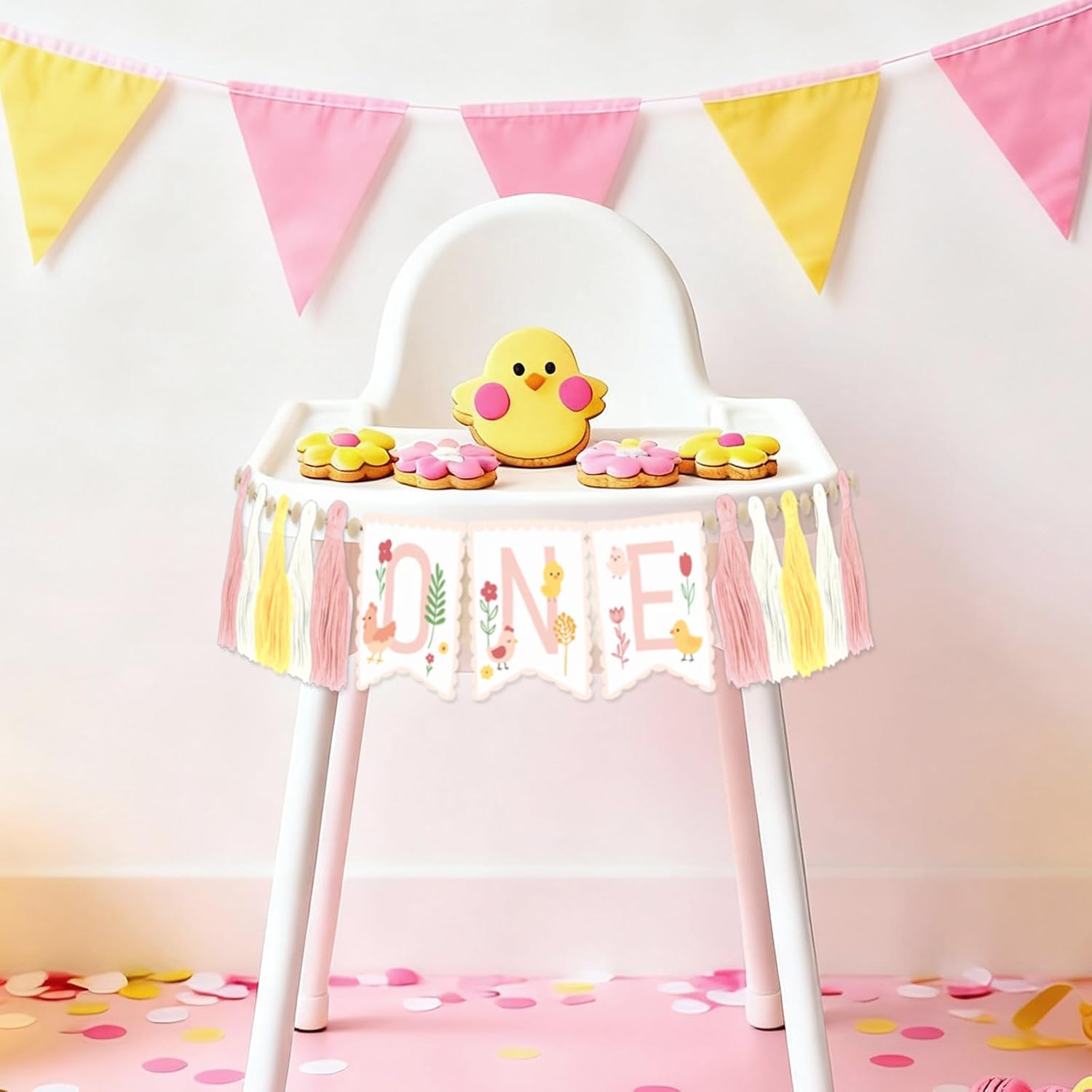 Chicken Themed 1st Highchair Banner Pink This Chick Is One Birthday Decorations Little Chick Floral Farm Animals One High Chair Tassel Garland for Baby Girls Farm Animal Barnyard Birthday Supplies image 3