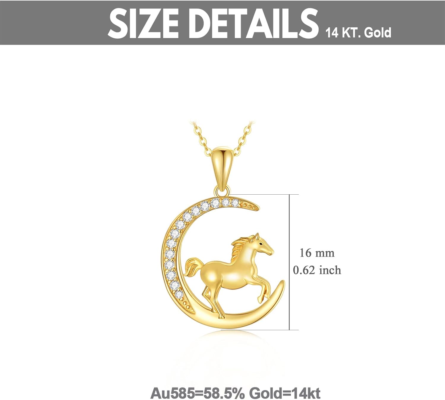 SISGEM 14k Gold Horse and Moon Pendant Necklace for Women, Real 14 Karat Gold Jewelry for Wife, Gifts for Her, 16-18 Inches