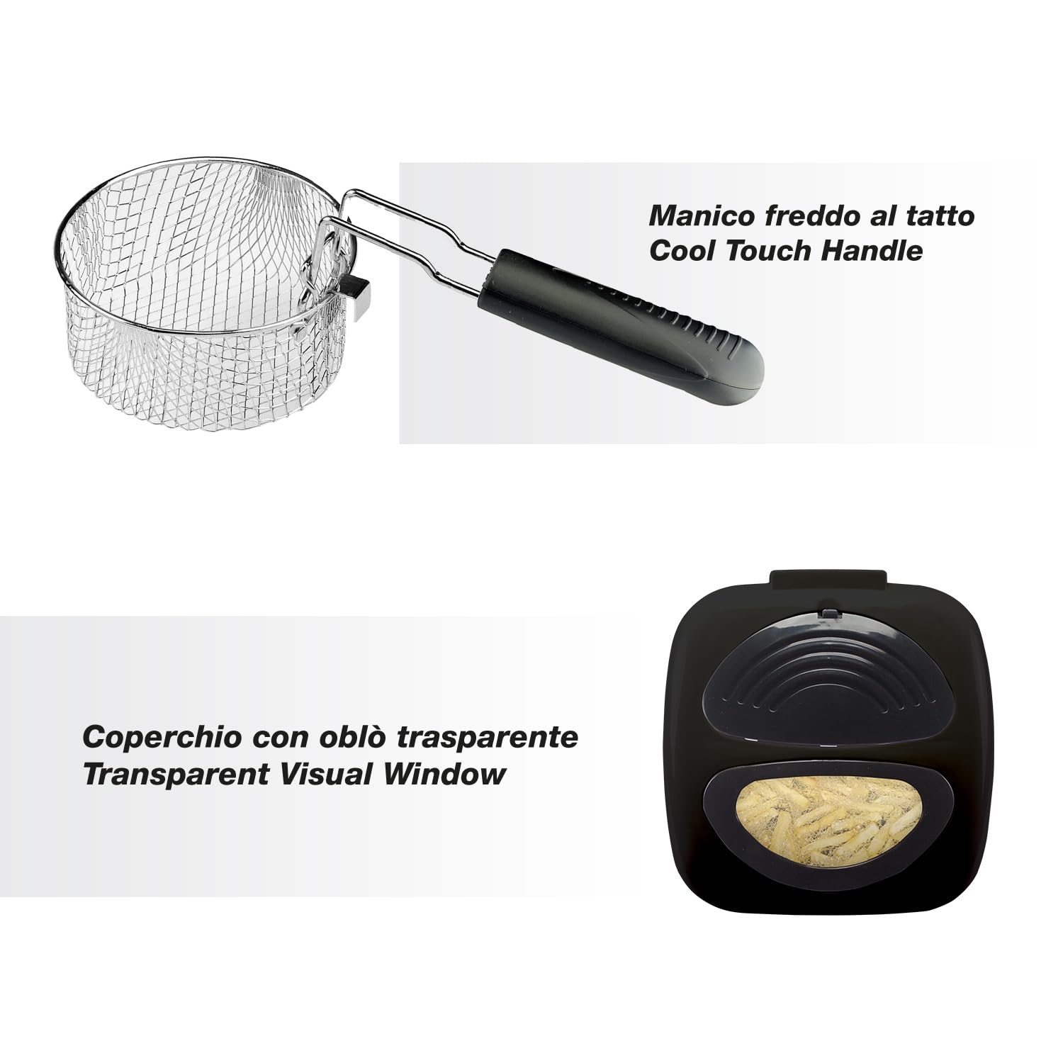 BEPER P101FRI100 MINI Freidora eléctrica 1L, 850-950W, Cesta de acero extraíble, Tapa con ojo de buey, Filtro lavable extraíble, Temperatura regulable, Pies antideslizantes, Negro
