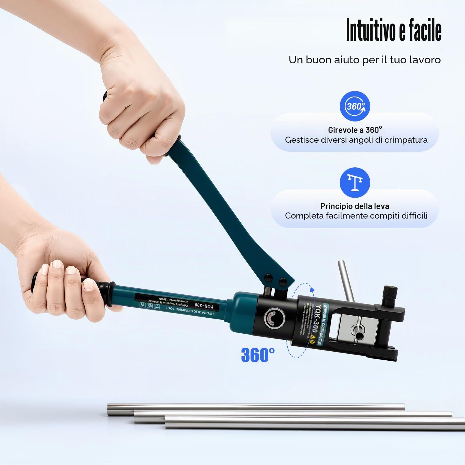 Pinza crimpatrice idraulica, 12 tonnellate, 120 KN, 16-300 mm², con 11 matrici, crimpatura esagonale, testa girevole a 360°, valvola di ritorno dell'olio, strumento professionale per elettricisti