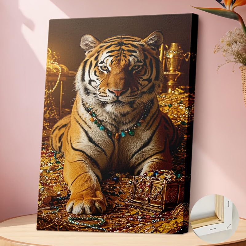 Tableau tigre orné de bijoux toile haut de gamme fond doré 60x80