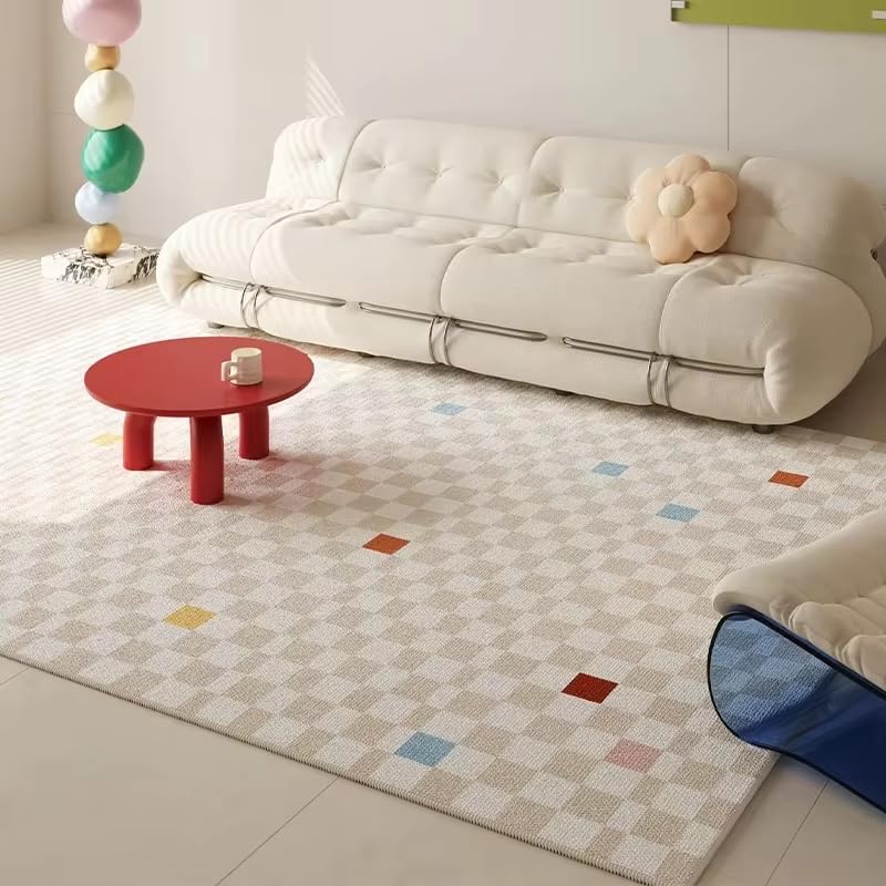 Tapis d'été crème à carreaux lavable de 60x170 cm pour sol et chambre