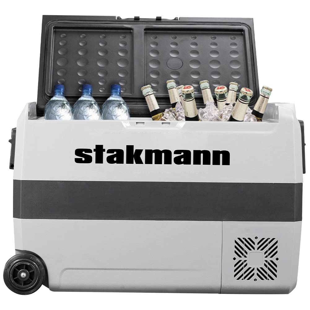 Frigorifero Portatile con Compressore 12V 220V, Frigo Congelatore con 2 Scomparti, Ruote e Manici Laterali, AC-DC 12/24 V, Ideale per Auto, Camper, Barca, Viaggi, Picnic (50 Litri)
