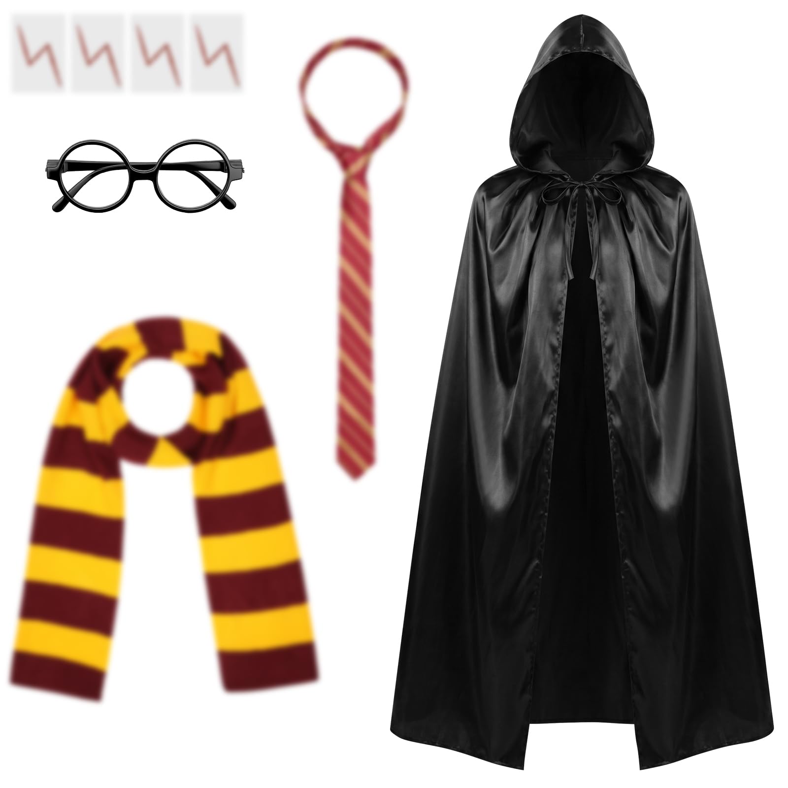 AUYAO 8 Pcs Wizard Costume Wizard Robe, Wizard Fancy Dress Up Costume with Black Cape Scarf Glasses Tattoo Sticker Tie Cosplay Outfit for World Book Day Halloween Men Women(100cm/39.37 inches) โ image 1