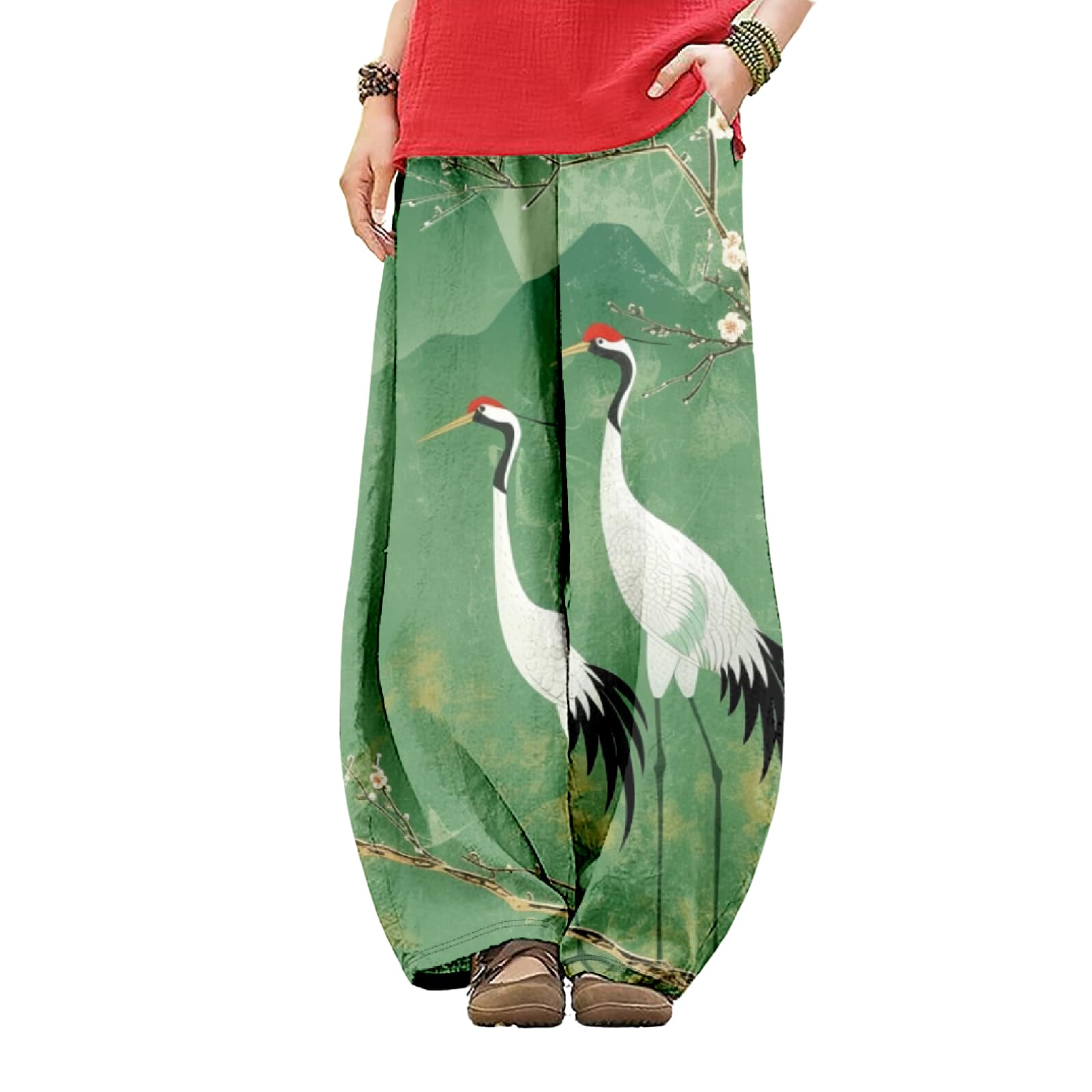 Wide Leg Pants for Women Boho Floral Printed Elastic Waist Baggy Trousers Loose Fit Lounge Pants with Pockets