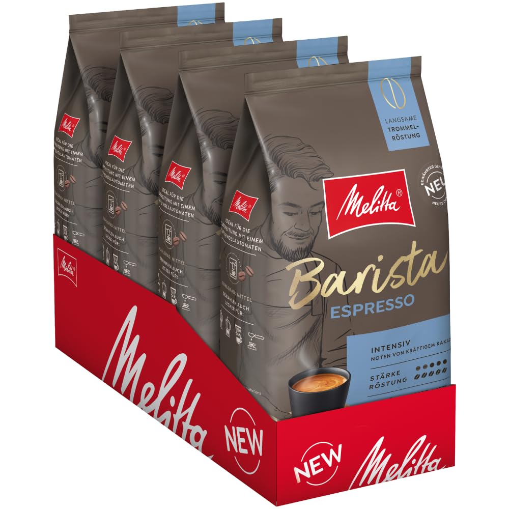Melitta Barista Classic Espresso, Ganze Kaffee-Bohnen 4 x 1kg, ungemahlen, Kaffeebohnen für Kaffee-Vollautomat, kräftige Röstung, Stärke 5, im Tray