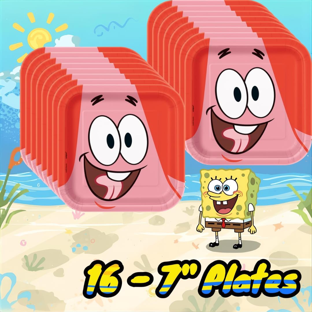 Unique SpongeBob SquarePants Party Supply Pack, Blue Yellow, Paper Plates, Napkins, Banner, Balloons, Tablecover with confetti, 16 Guest Set, Square Plates, Spongebob Birthday Decorations