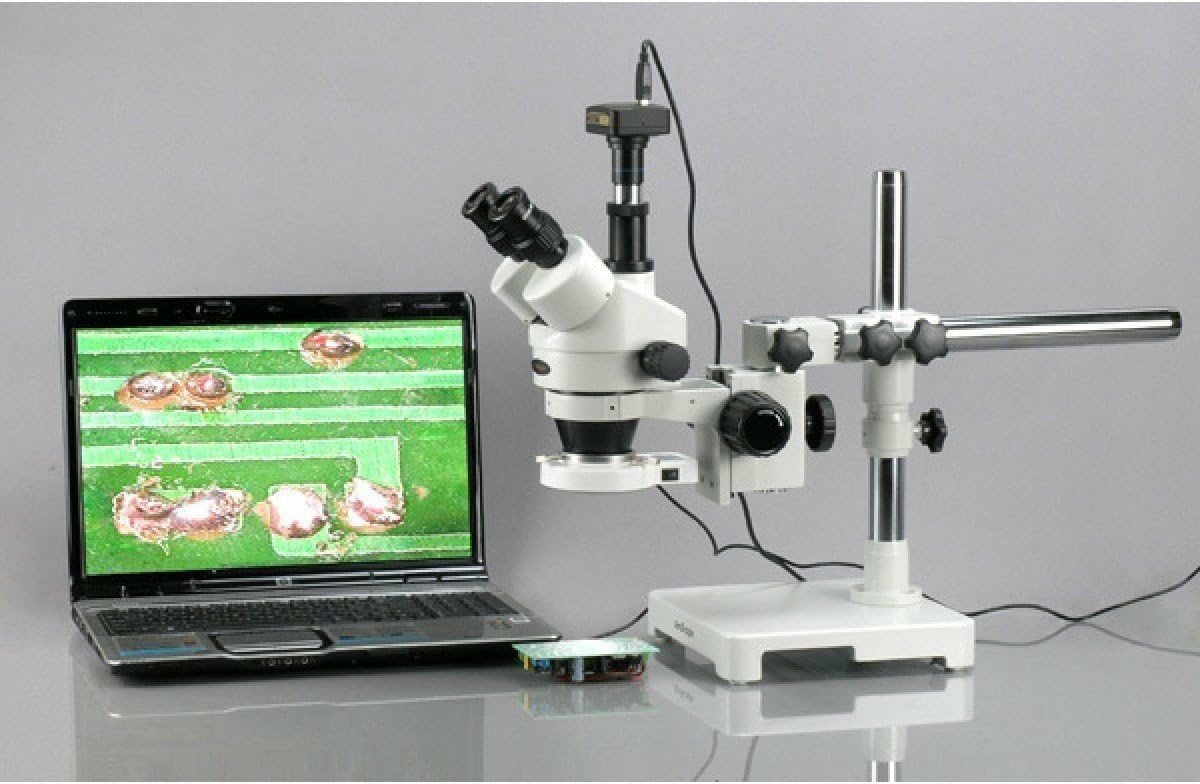 AmScope SM-3T-54S-M Digital Professional Trinocular Stereo Zoom Microscope, WH10x Eyepieces, 7X-45X Magnification, 0.7X-4.5X Zoom Objective, 54-Bulb LED Light, Single-Arm Boom Stand, 110V-240V, Includes 1.3MP Camera with Reduction Lens and Software