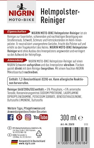 NIGRIN MOTO-BIKE Helmpolster-Reiniger für Motorrad, kein Ausbau des Helm-Innenpolsters, 300 ml, Weiß