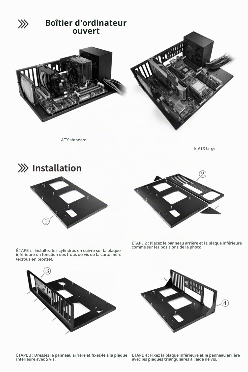Banc de test PC DIY, Boîtier de rack à châssis ouvert pour cartes mères ATX/M-ATX/ITX, Conception de dissipation de chaleur large du corps Boîtier PC à air ouvert, Accessoires pour cartes
