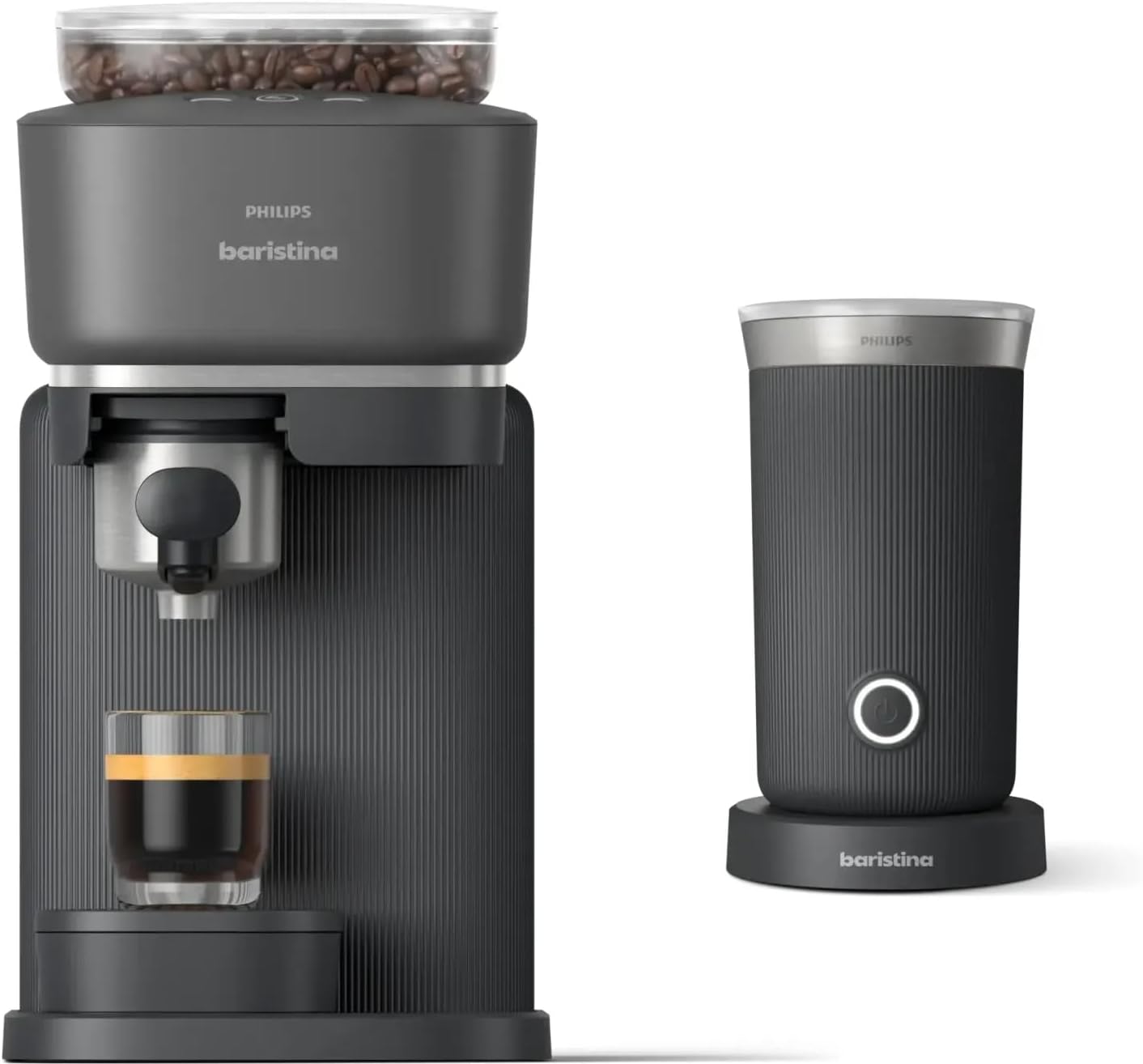 Baristina Espresso Machine+Milk Frother Bundle. Real espresso. Compact coffee machine, portafilter, grinder, Cafe Crema. Dairy & Non-Dairy Milk foam​. Hot & Cold. Easy Clean. Black (BAR303/60)