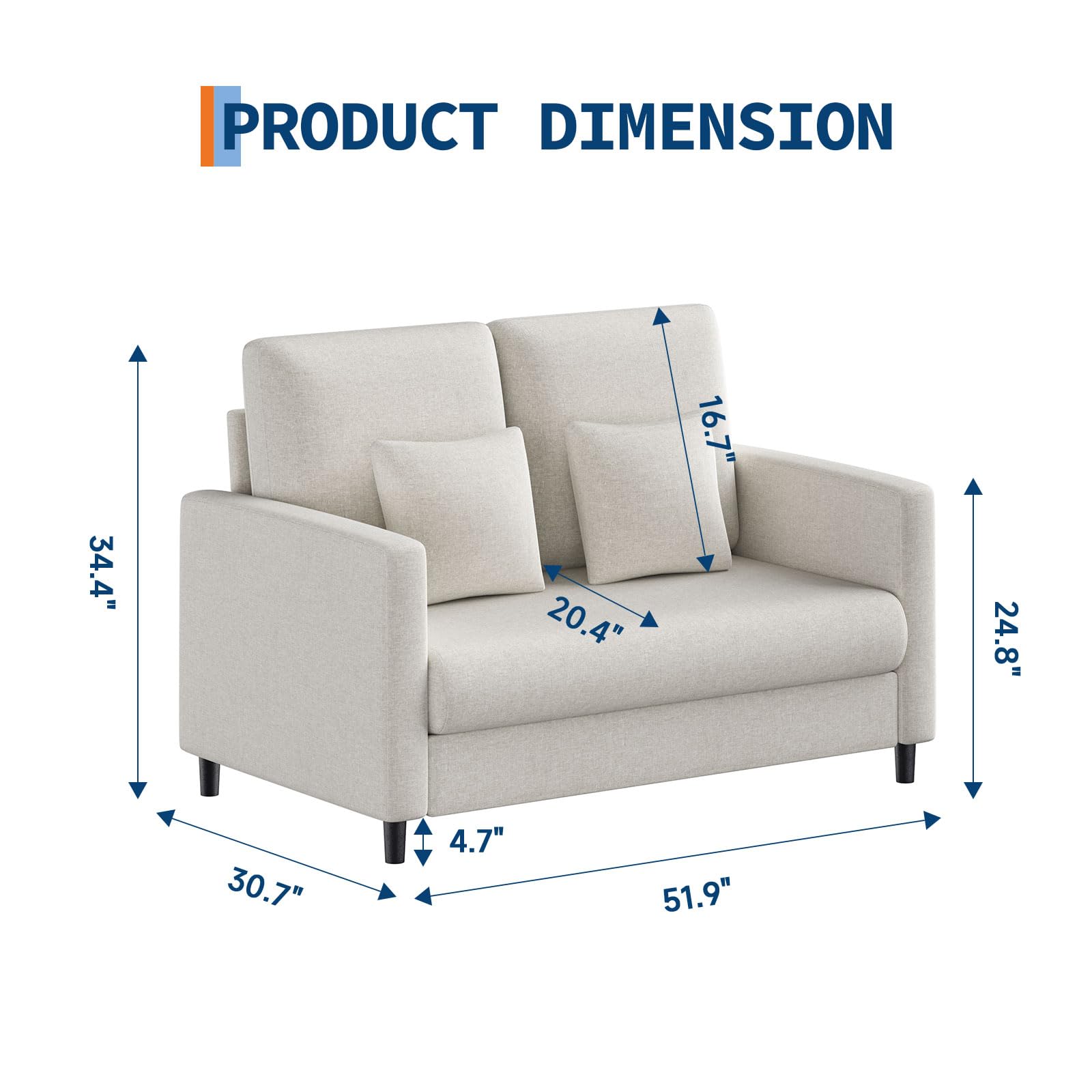 Garvee Mid-Century 2-Sitzer Sofa 132 cm – Kompaktes Loveseat mit Massivholzrahmen, Polstersofa mit Leinenbezug, werkzeuglose Montage, Moderne Couch für Wohnzimmer & Schlafzimmer