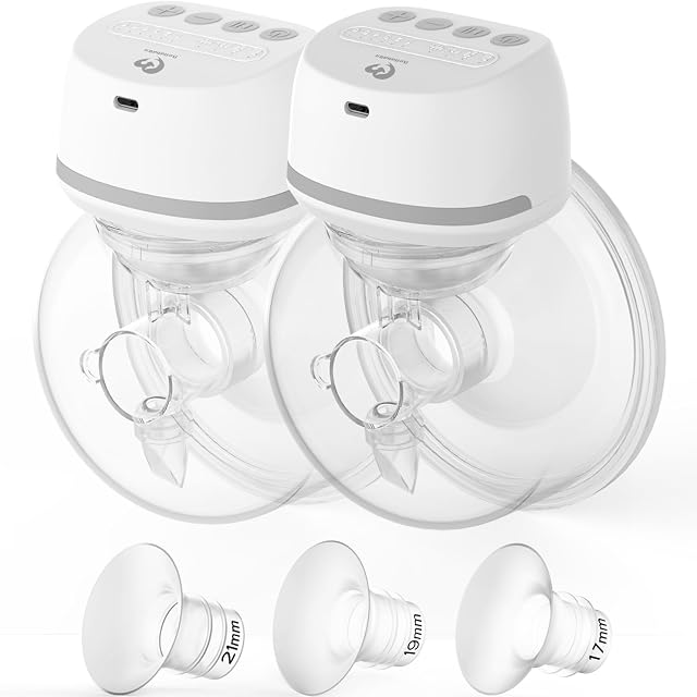 Bellababy Pompes mammaires portables mains libres, faible bruit, sans douleur, 4 Modes 6 Niveaux d'aspiration, sans fil double pompe à sein électrique portable. (24mm Flanges, 21/19/17mm Insérers)