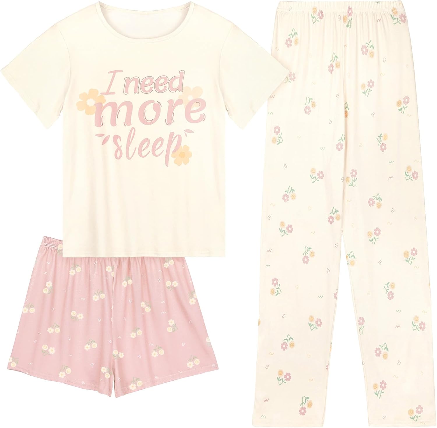 FIOBEE Girls Pajamas Sleepwear 3 Pieces Soft & Cute Summer Kids Pajama Sets Short Sleeve With Shorts & Long Pants PJS Clothes