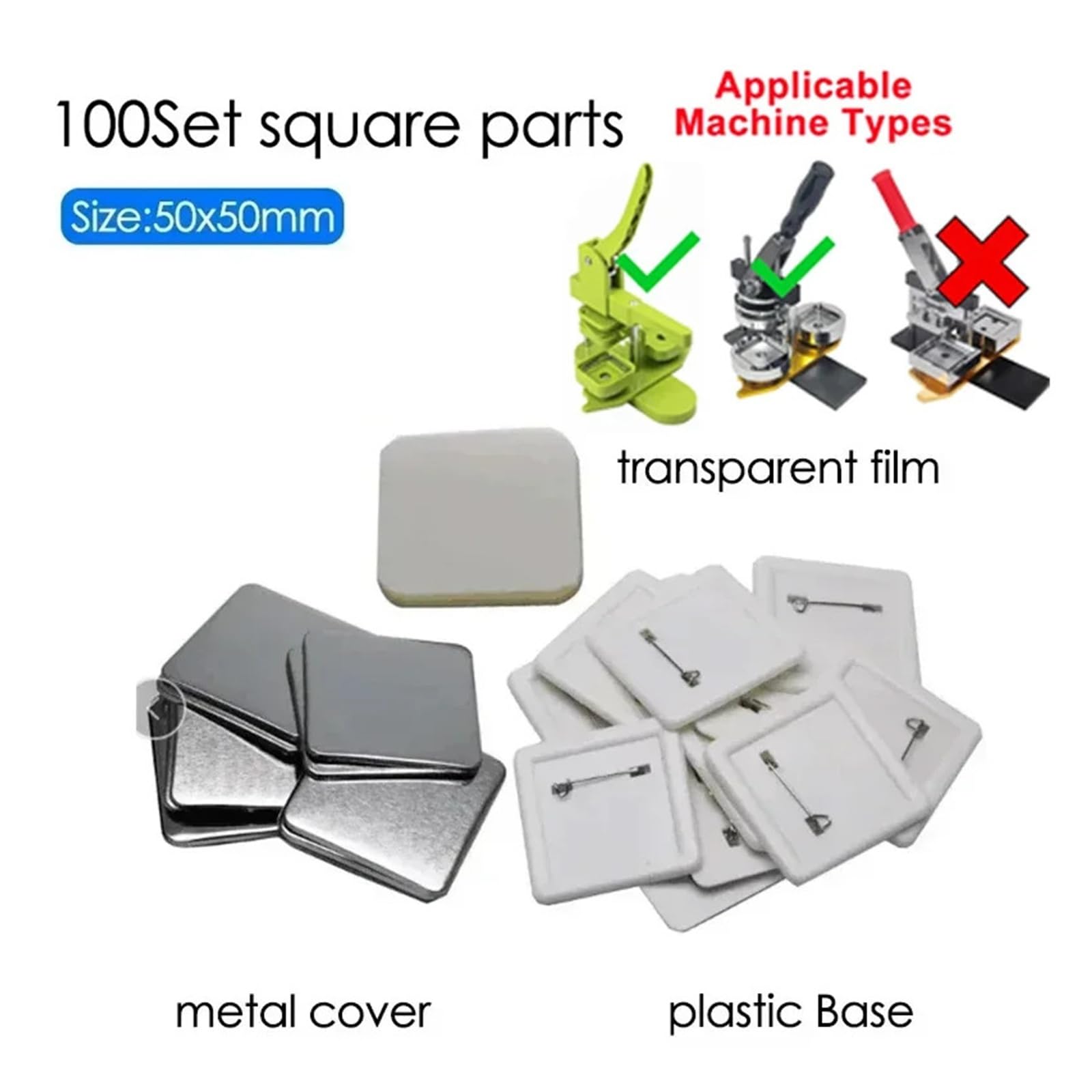 100 szt. kwadratowych plastikowych znaczków 50x50mm magnesy na lodówkę materiały eksploatacyjne maszyna do odznak DIY puste akcesoria Wystarczające zestawy(Button pins)