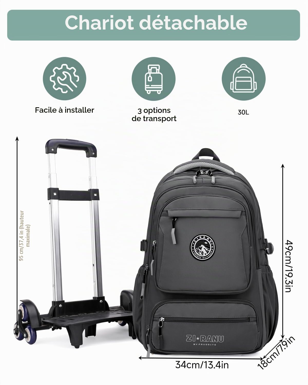 Tanou Cartable a Roulettes pour Garçons, Sac à Dos Scolaire avec 6 Roues | 30L, Imperméable Trolley Daypack Adolescents Décontracté pour le Collège et le Lycée, Gris