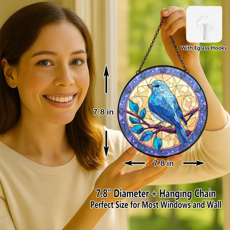 Bluebird on Branch Stained Glass Window Hanging - Sun Catchers Indoor Window Stained Glass Panels Wall Decor for Mom，Wife，Lovers 7.8in -89