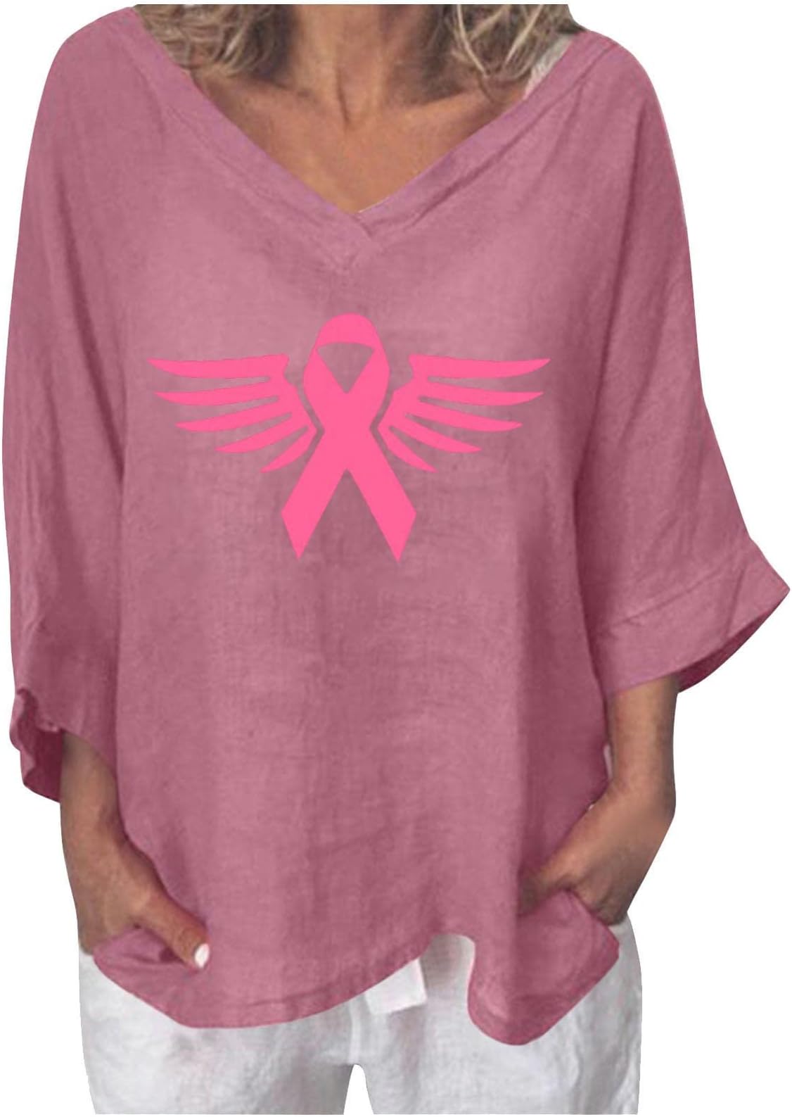 Womens V Neck Linen Tshirts Brunch Tee Tops for Women 3/4 Bell Sleeve Breast Cancer Fall Summer Tee Shirt 2023 NN