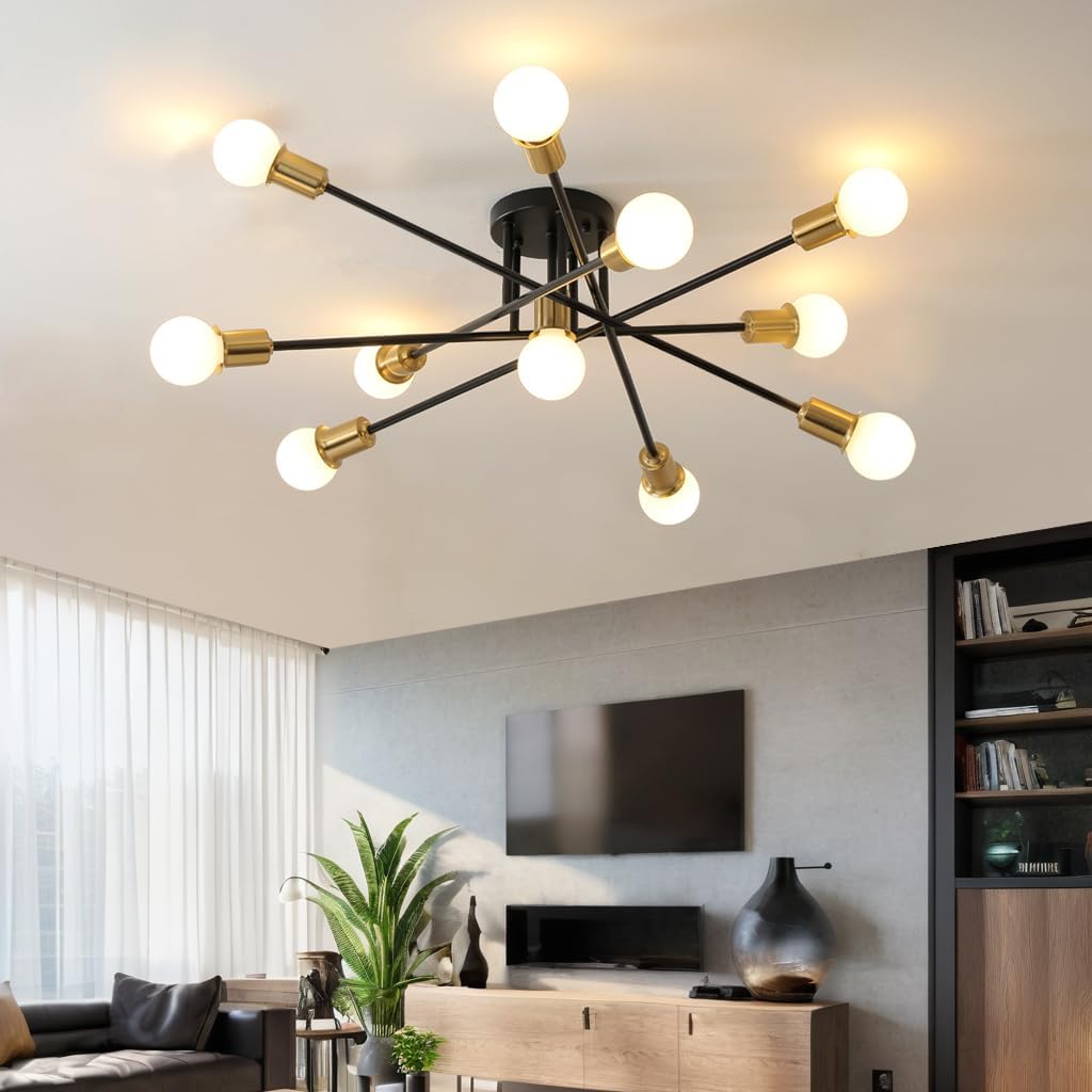 Modern Sputnik Gold and Black Semi Flush Mount Ceiling Light Fixture Minimalist,Mid Century Large 11 Light Metal Chandelier for Living Room Dining Room Bedroom Kitchen Office Entryway
