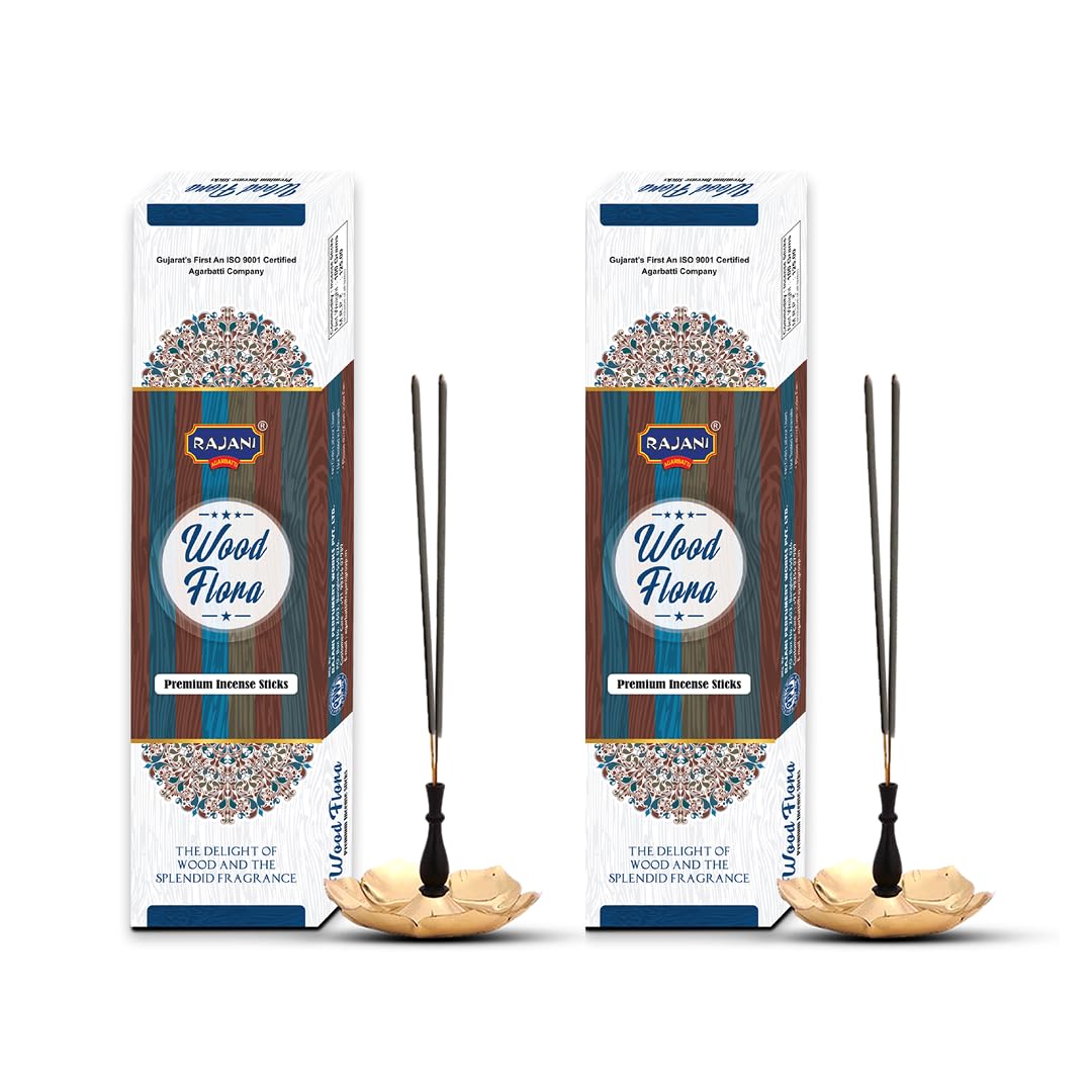 Rajani Wood Flora Agarbatti, 100g (Pack of 2) | Charcoal-Free Agarbatti with Long Lasting 30 Minute Burn time & Aromatic Scents | Woody Fragrance for Meditation, Pooja & Peaceful Ambiance-image-1