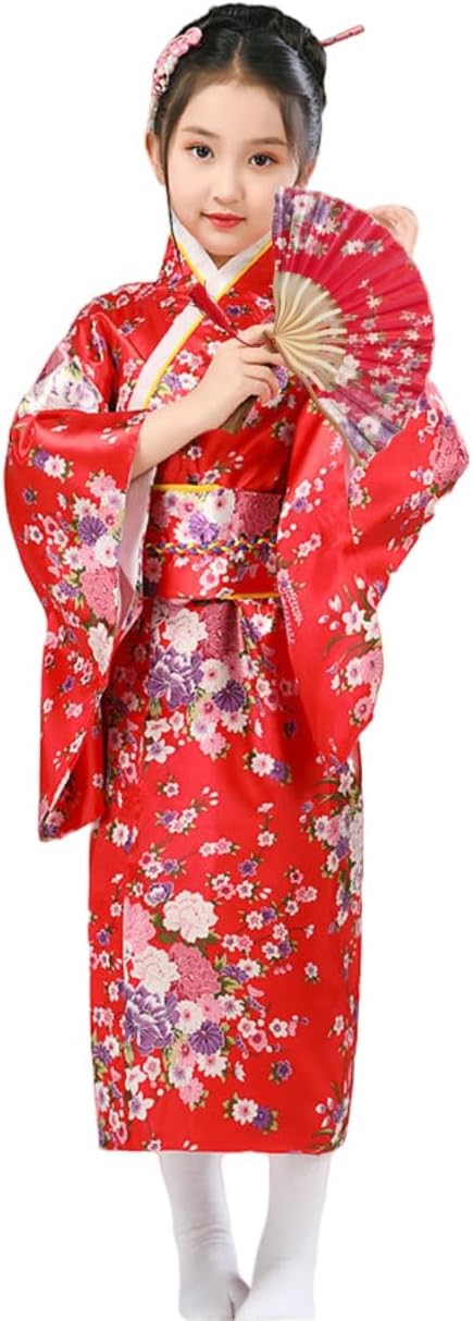 Japanese Kimono Dress for Kid Girls Include Handheld Fan, Long Sakura Robe for School Performance, Birthday and Themed Party Costume