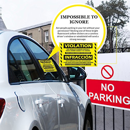 Parking Violation Stickers for Cars (Fluorescent Yellow) - 50 Bilingual Spanish No Parking Prohibido Estacionar/Hard to Remove Super Sticky No Park Tow Warnings 8” x 5” by MESS