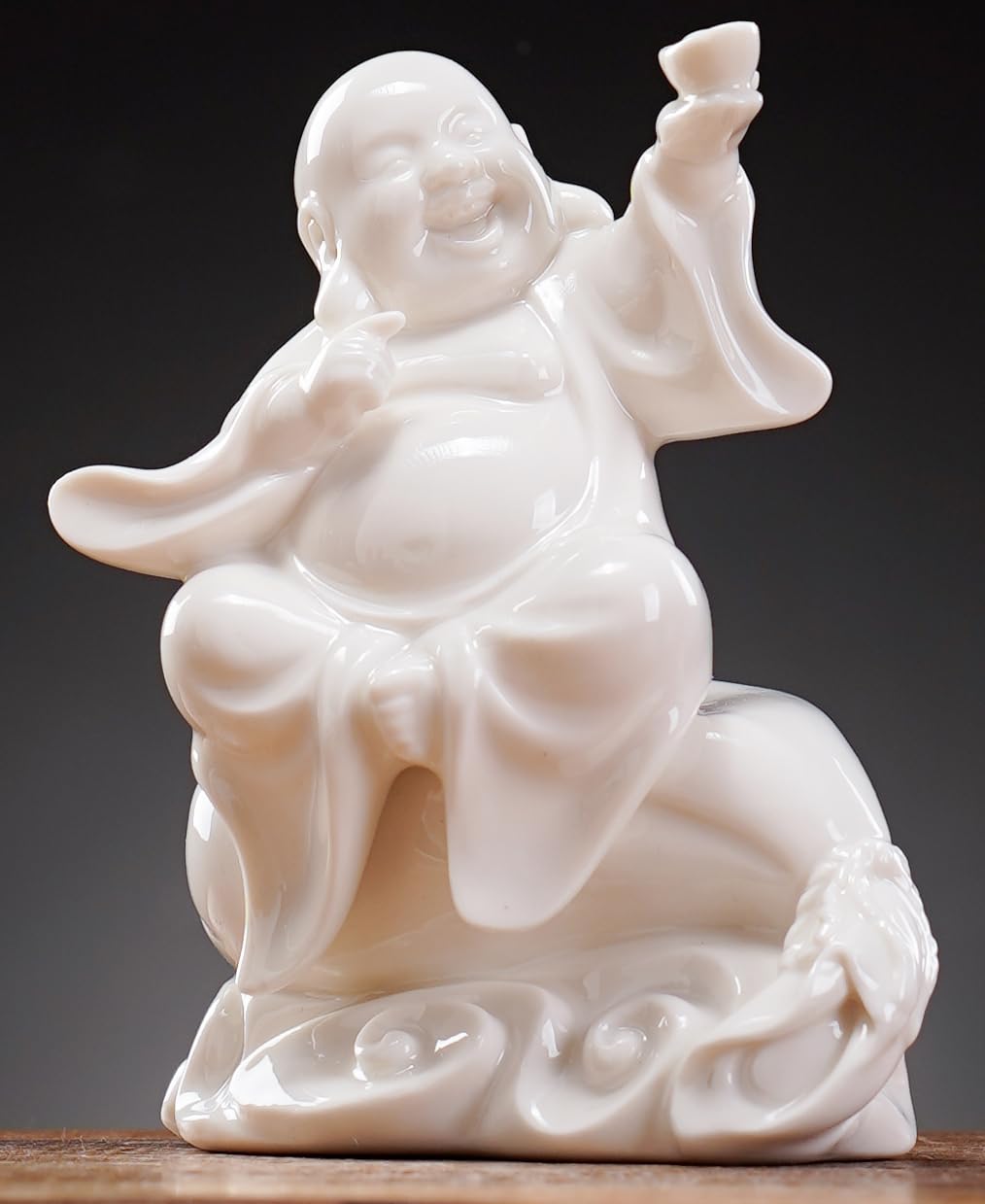 QINLANG Small Ceramic White Laughing Buddha Statue for Good Luck, Happy Buddha Statue Sitting on Money Bag for Good Luck and Prosperity