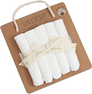 Lion bear 5-Pack Colored Organics Reusable Baby Washcloths, Soft Absorbent Organic Cotton Washable Saliva Towel Face Wipes, Newborn Bath Face Towel, Natural Baby Wipes for Sensitive Skin (White)