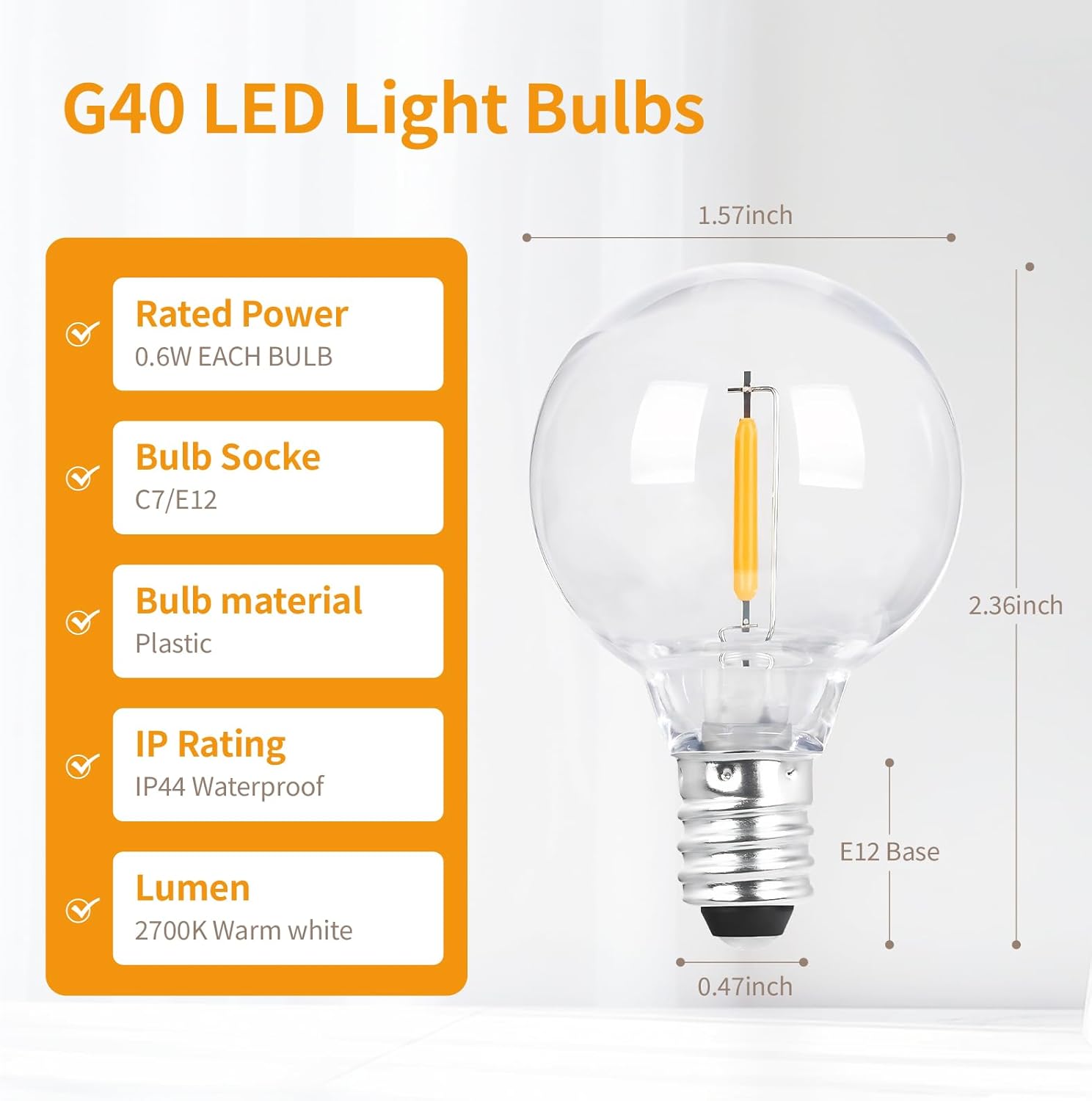 G40 LED Replacement Bulbs, 10 Pack Shatterproof Dimmable Globe Light Bulbs E12 Candelabra Base Warm White for Indoor Outdoor String Lights, Christmas, Patio, Holiday Decor