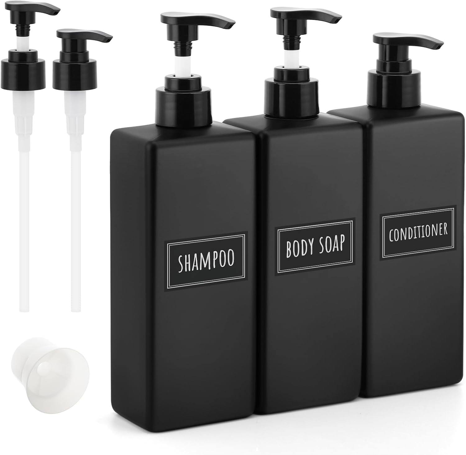 Segbeauty Soap Dispenser Wall Mounted, 3pcs 16.9oz Drill Free Shampoo Bottles with Waterproof Labels, Refillable Plastic Shower Dispenser Set Soap Holder Shower Accessories for Shower Wall Black