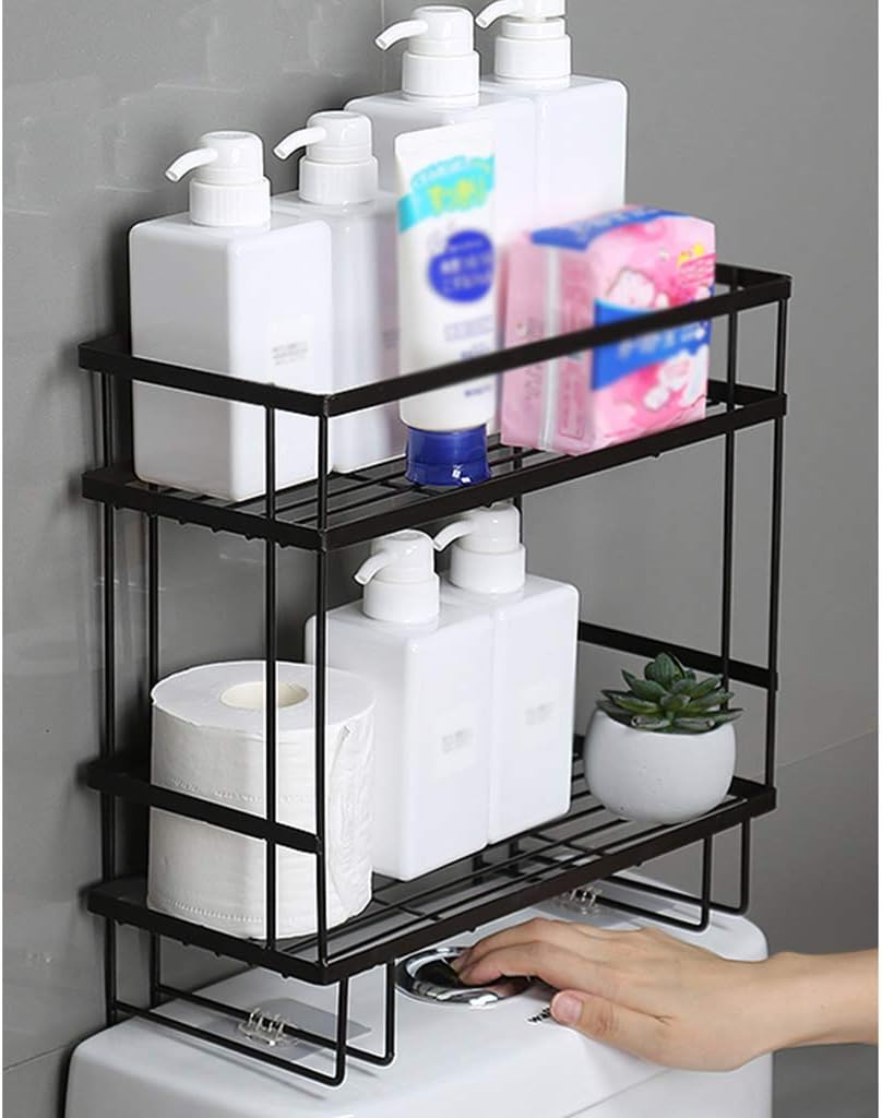 Bathroom Organizer Over The Toilet,Toilet Rack with Hooks,Open Storage Shelf,Space Saver,Easy to Assembly,Grid Design,White,Black. (White 34x15x7cm)