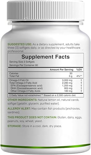 Miniatura 7 de DEAL SUPPLEMENT Suplementos de aceite de pescado Omega 3, 3,000 mg por porción, 240 cápsulas blandas - EPA 1,200 mg + DHA 900 mg - Pastillas sin