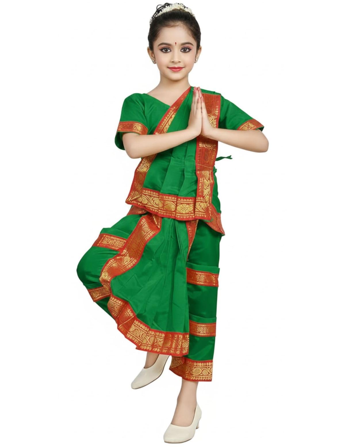 BookMyCostume Bharatanatyam Costume for Girls and Women – Green with Red Border | Classical Dance Dress | Indian Dance Dress for Girls | Traditional Dance Outfit 7-8 Years-picture-11