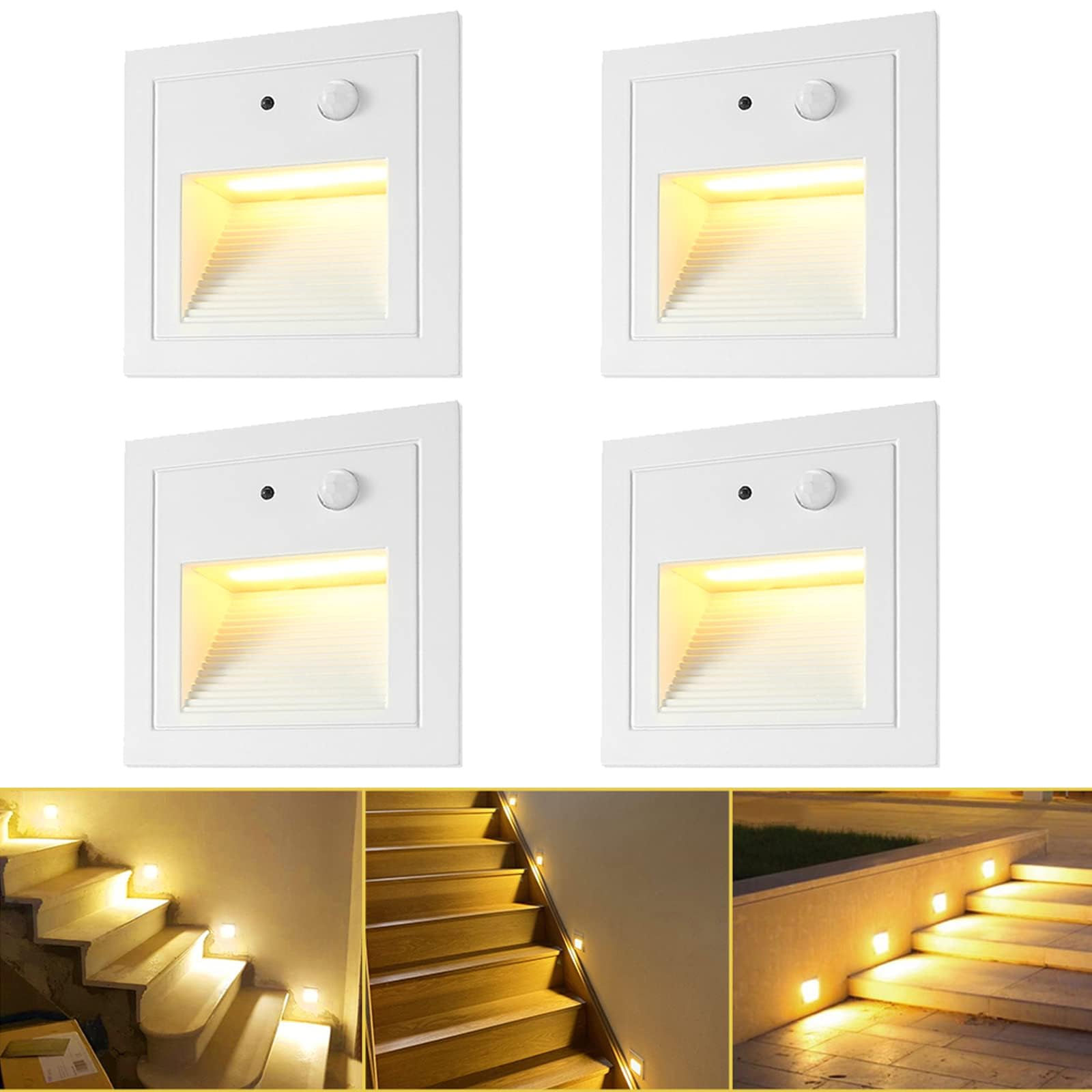 Juego de 4 luces LED empotrables para escaleras, aluminio, 3 W, 230 V, luz blanca cálida, iluminación exterior con detector de movimiento, lámpara de pared, IP65, resistente al agua