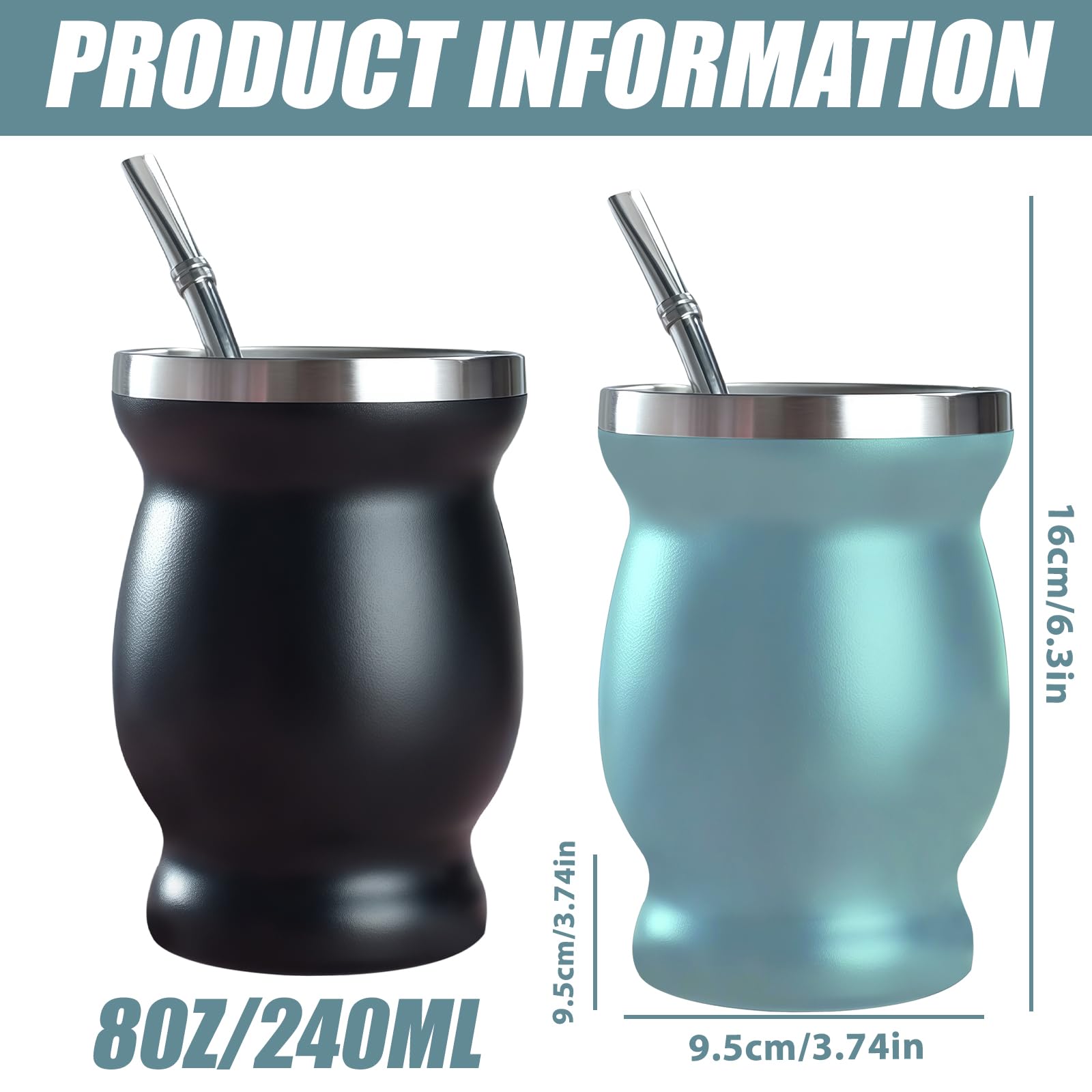 Set di 2 tazze da tè Mate con cucchiaio e spazzola per la pulizia, set da tè Yerba Mate a doppia parete, isolato in acciaio inox per ufficio, auto e viaggi, nero+verde