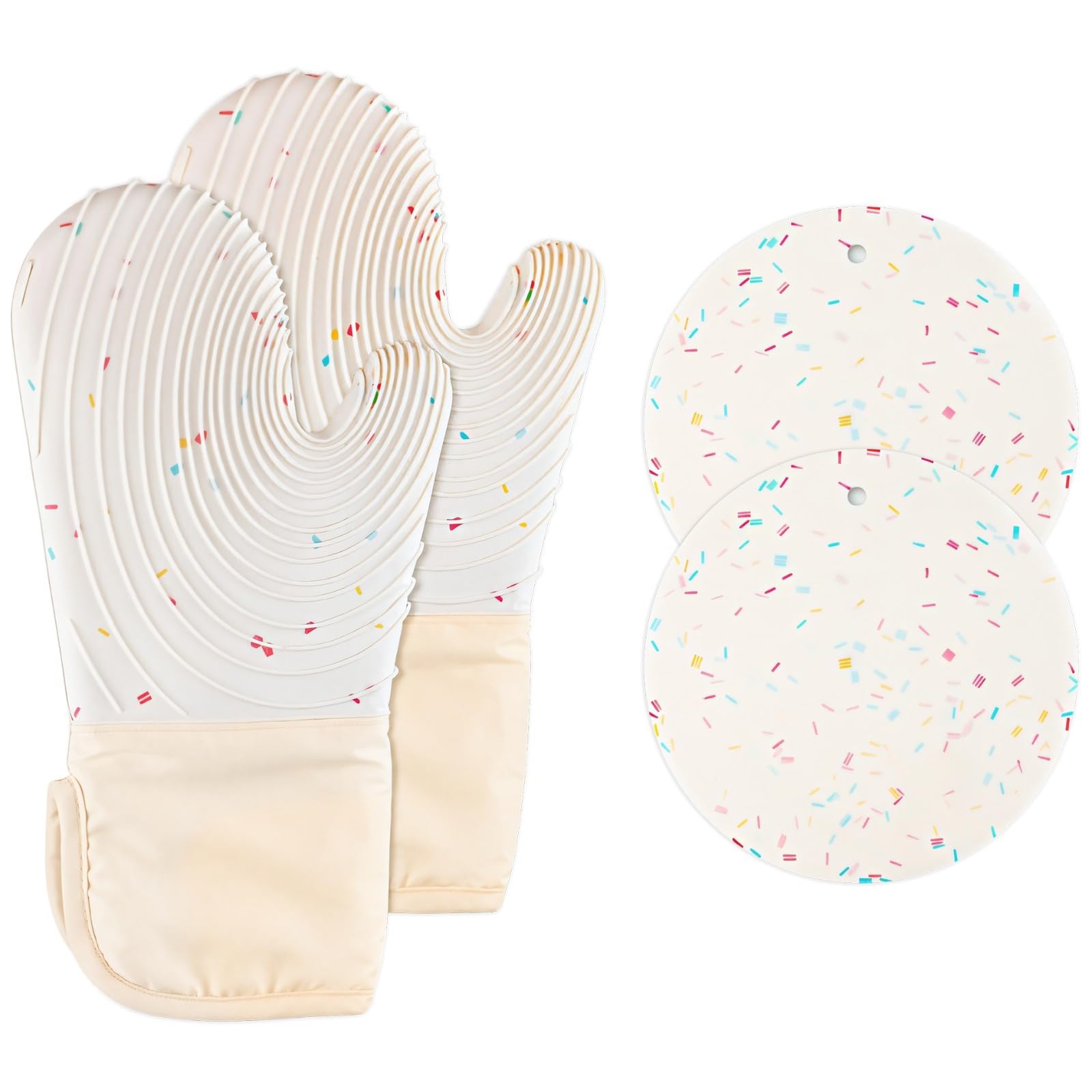 2 STK. Silikon Topflappen und Ofenhandschuhe Set, hitzefeste Backhelfer für Hobbybäcker, 2 Boho Ofenhandschuhe und 2 Pilz Topflappen, stilvolles Küchenzubehör für Ofen, Pfanne und Form
