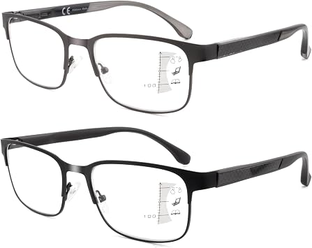 Mens Classic Progressive Multifocus Reader With Carbon Fiber Decor Temples,Blue Light Metal Multifocal Computer Readers No Line Spring Hinge 2.0