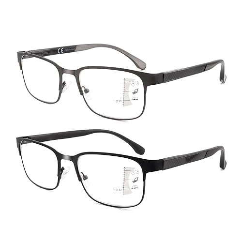 Ryegis Men's Classic Progressive Multifocus Reader With Carbon Fiber Decor Temples,Blue Light Metal Multifocal Computer Readers No Line Spring Hinge 1.75